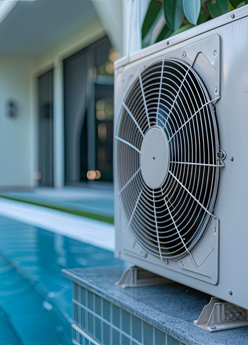 Unité extérieure de climatisation sur un support métallique, à côté d'une piscine avec réflexion sur l'eau, devant une maison moderne.