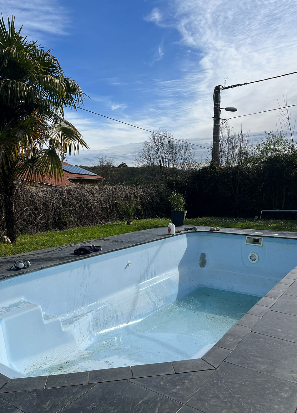 Piscine vide et ensoleillée dans une cour avec palmier et arbres nus, ciel bleu avec nuages légers.